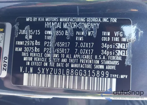 2016 Hyundai Santa Fe Sport 2.4L from USA, damaged, VIN 5XYZU3LB8GG315899